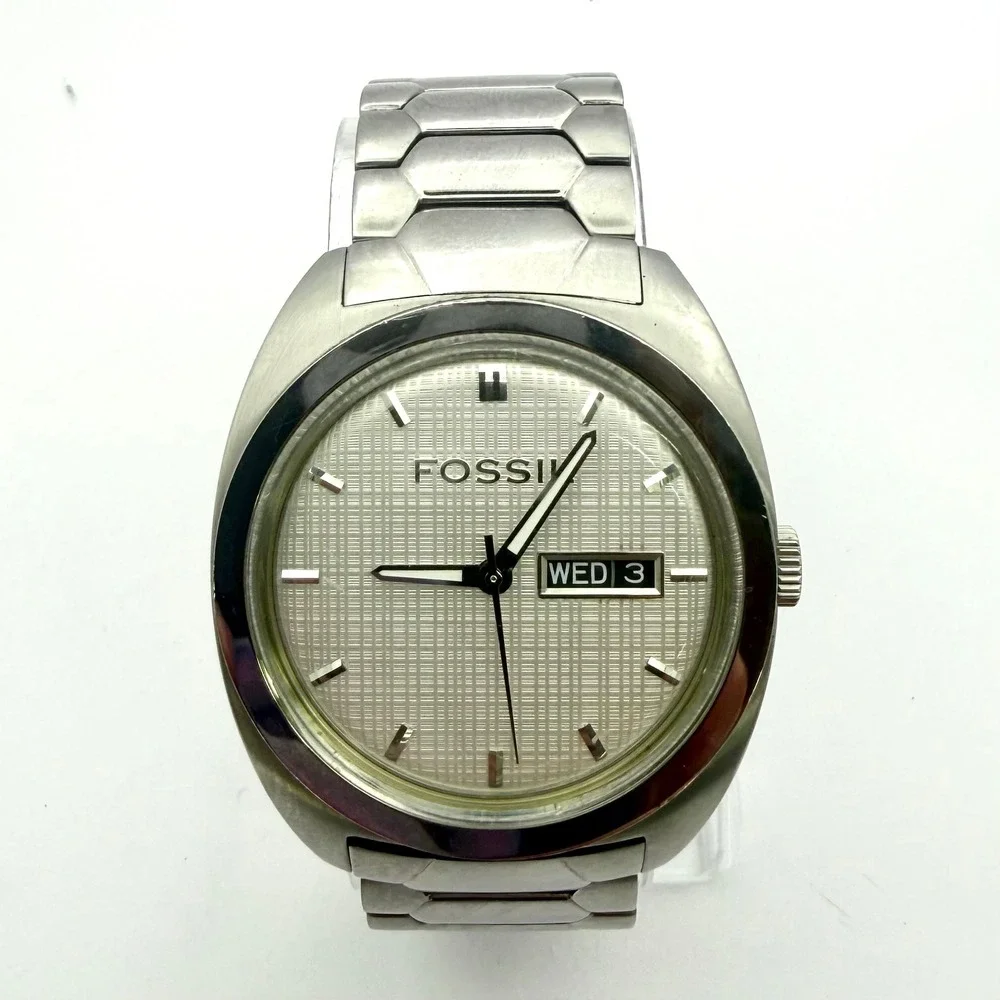 Fossil FS4053 Stainless Steel 40mm Day Date Silver Dial Mens Watch 50M new‎ batt